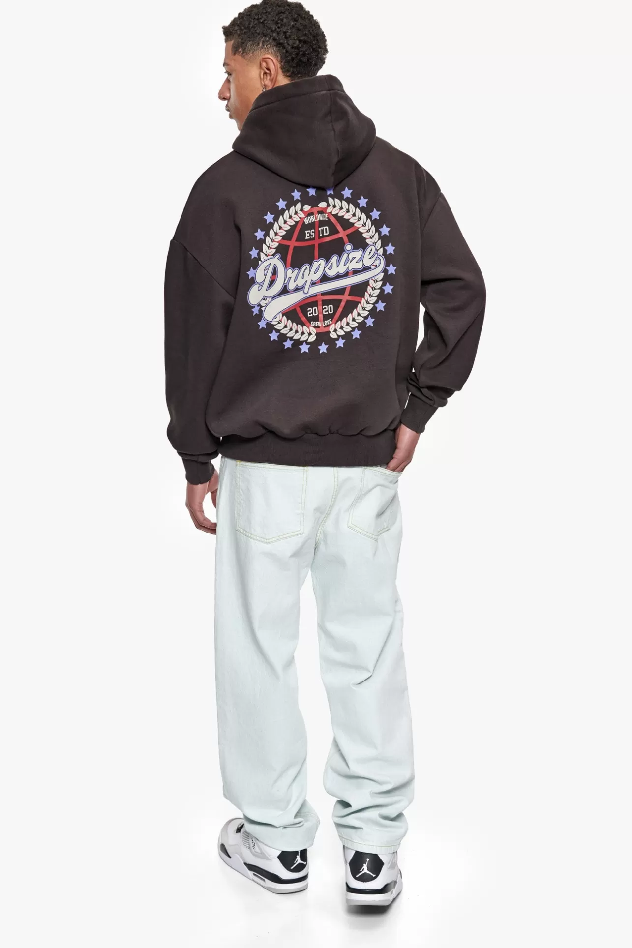 Dropsize HEAVY OVERSIZE CREW LOVE GLOBE HOODIE WASHED BLACK* Hoodie