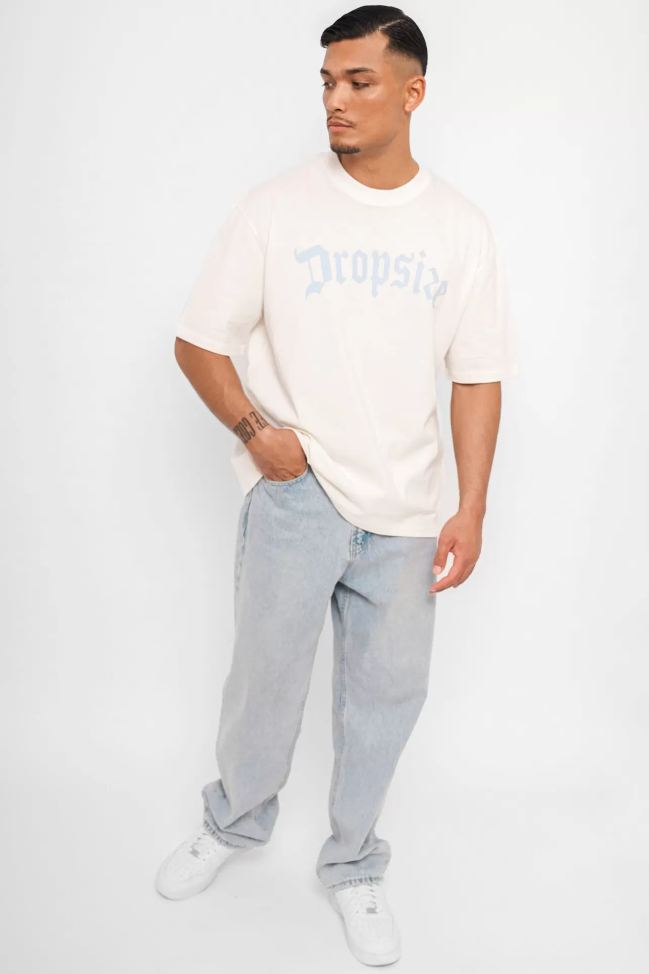 Dropsize HEAVY OVERSIZE LOGO T-SHIRT CREAM WHITE/ BABY BLUE* T Shirt