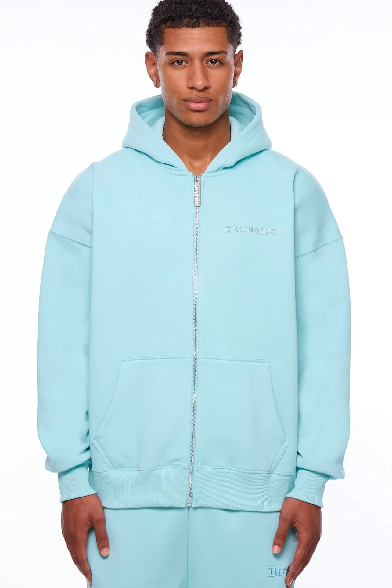 Dropsize HEAVY OVERSIZE LOGO ZIP HOODIE TURQUOISE* Zips