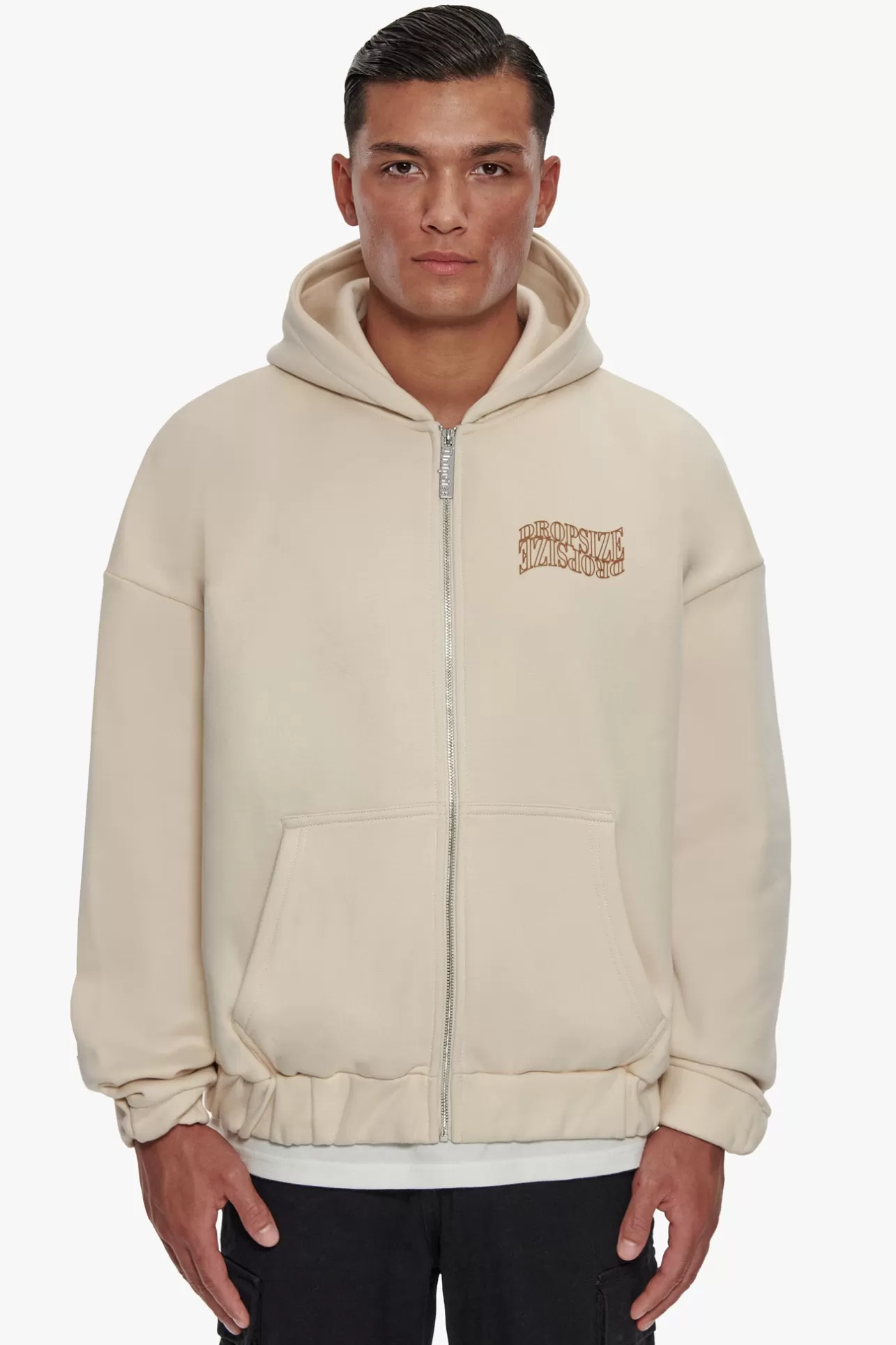Dropsize HEAVY OVERSIZE MIRRORED LOGO ZIP HOODIE COCONUT MILK* Zips