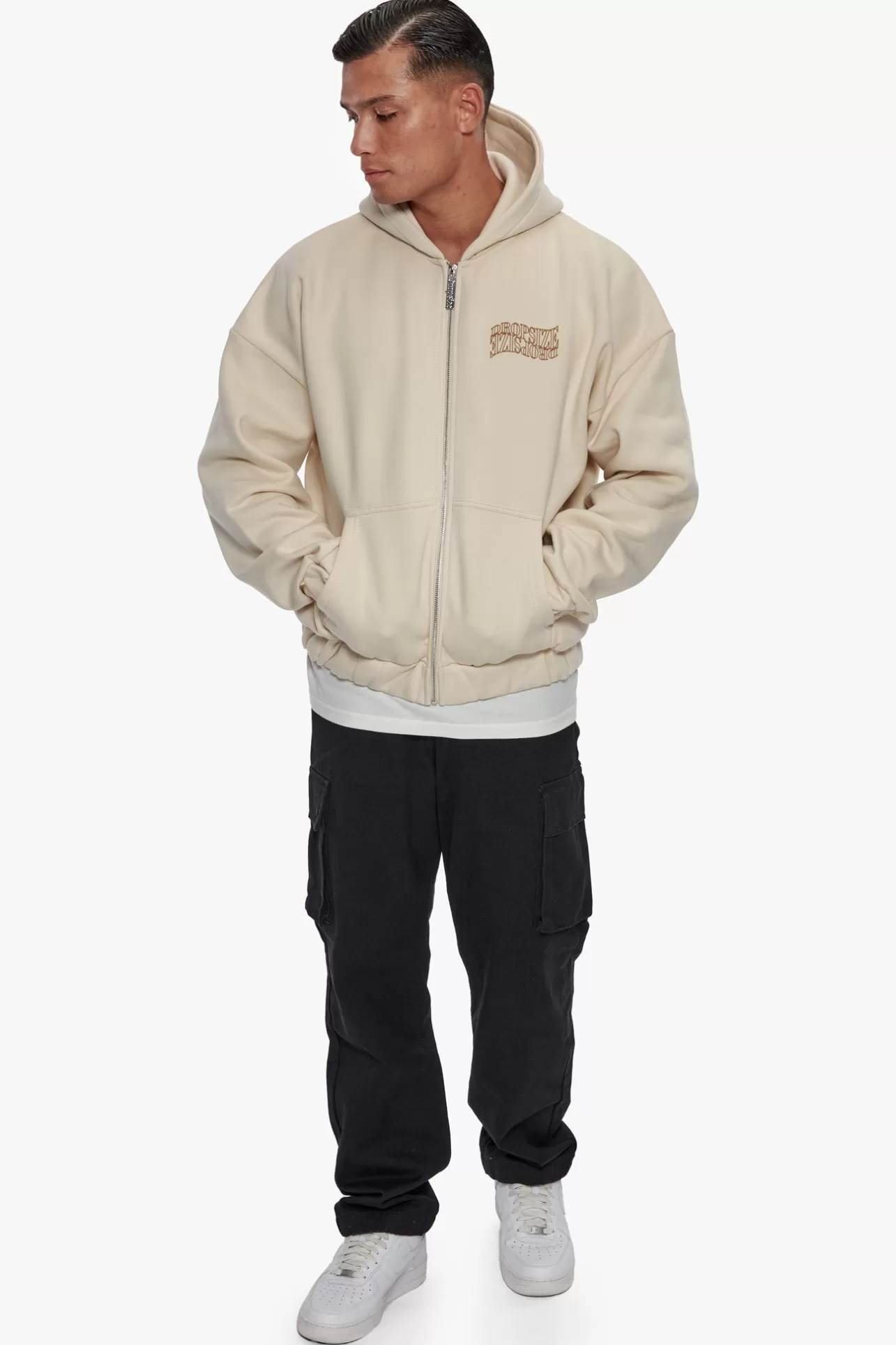 Dropsize HEAVY OVERSIZE MIRRORED LOGO ZIP HOODIE COCONUT MILK* Zips