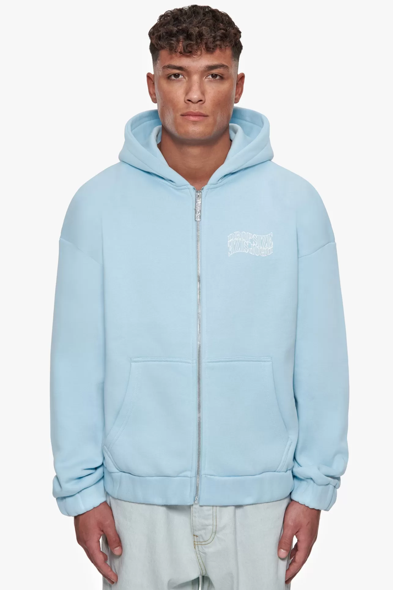 Dropsize HEAVY OVERSIZE MIRRORED LOGO ZIP-HOODIE BABY BLUE* Zips