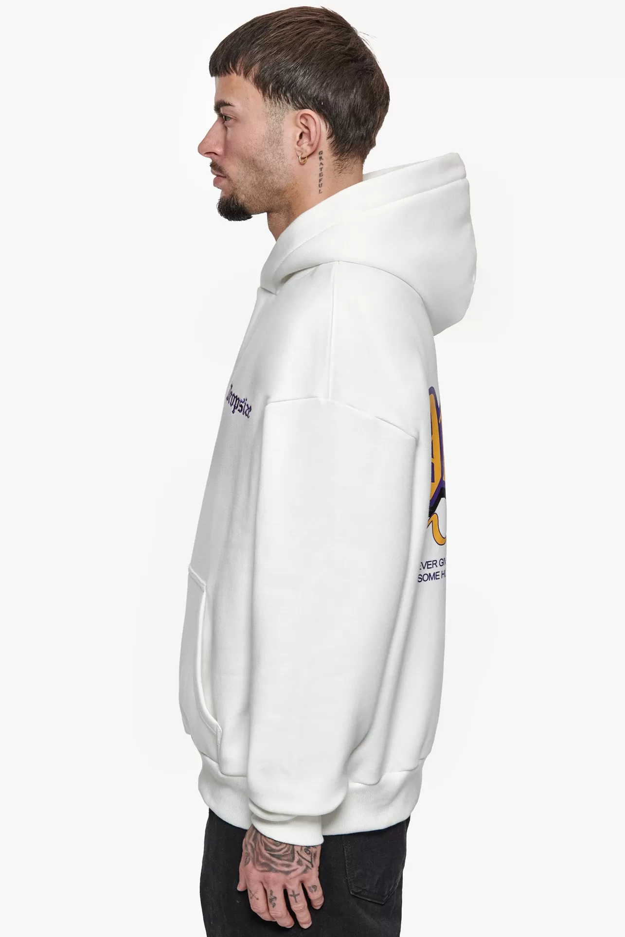 Dropsize HEAVY OVERSIZE NEVER GIVE UP HOODIE WASHED WHITE* Hoodie