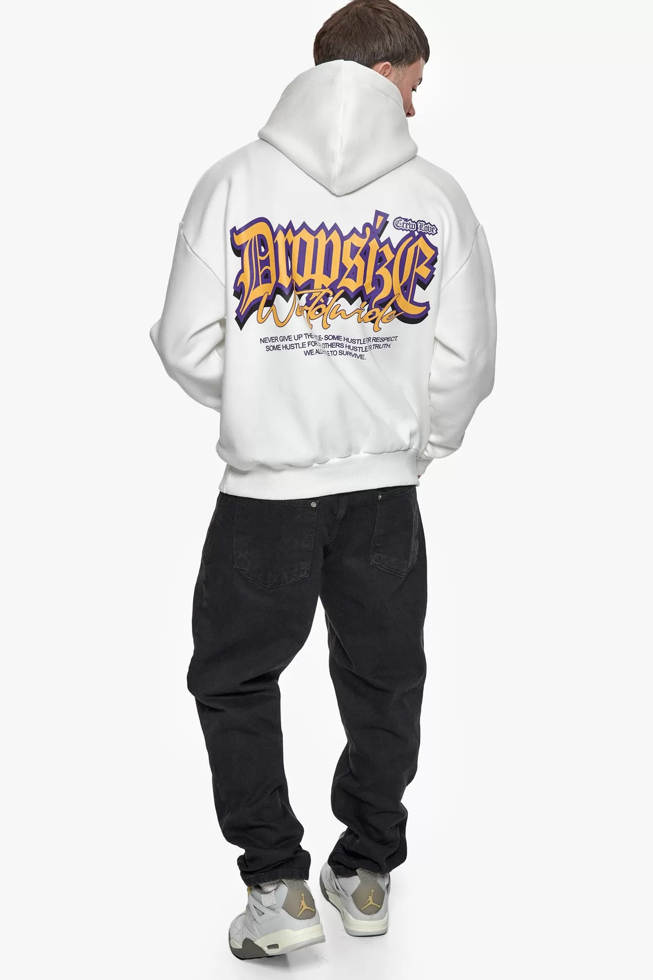 Dropsize HEAVY OVERSIZE NEVER GIVE UP HOODIE WASHED WHITE* Hoodie