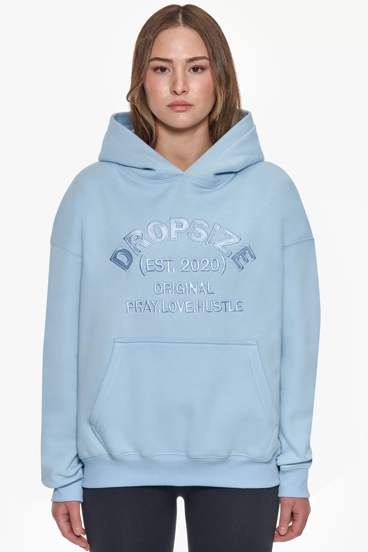 Dropsize HEAVY OVERSIZE PRAY LOVE HUSTLE EMBO HOODIE BABY BLUE*Women Women