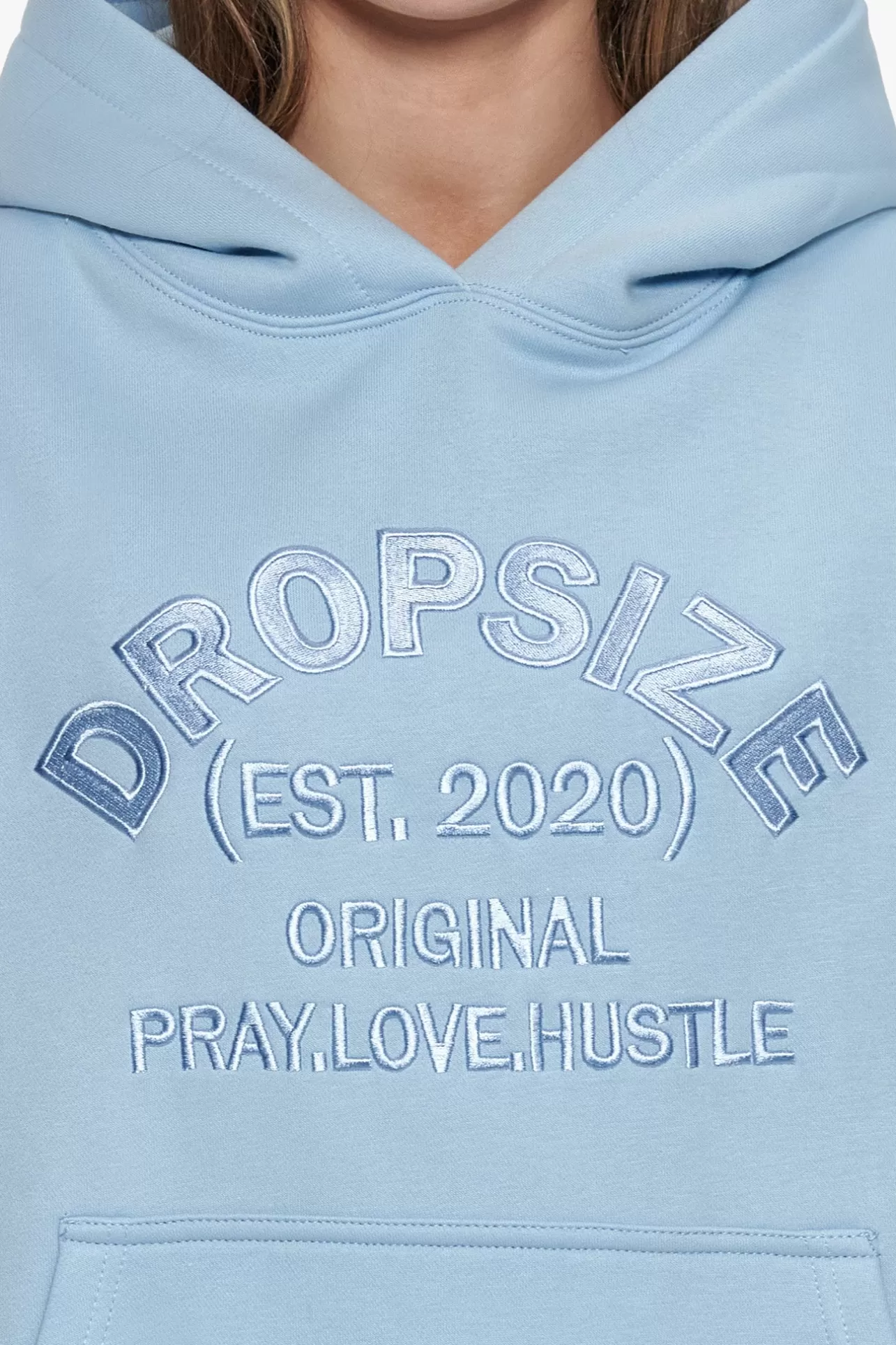 Dropsize HEAVY OVERSIZE PRAY LOVE HUSTLE EMBO HOODIE BABY BLUE*Women Women