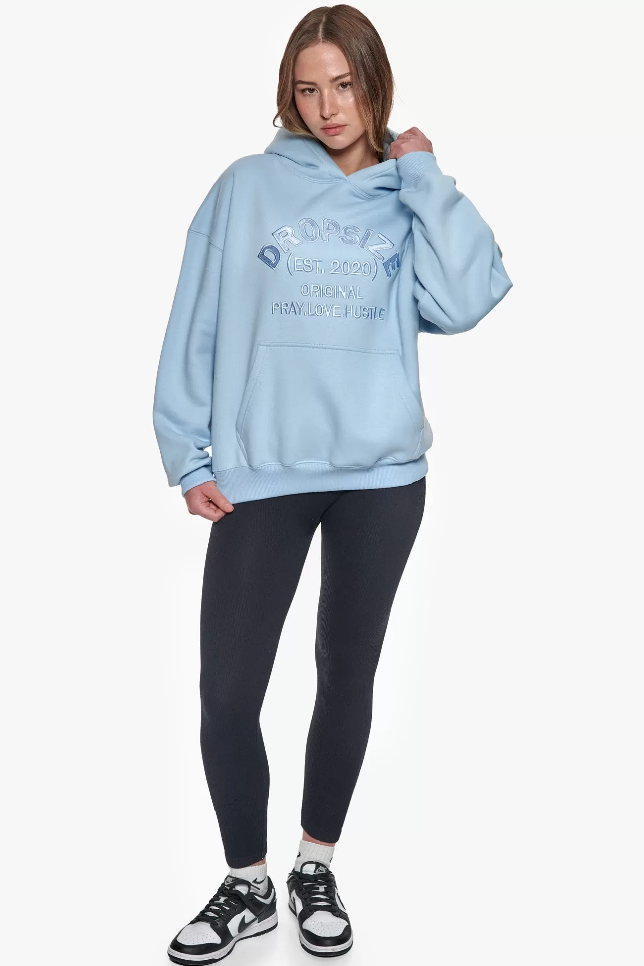 Dropsize HEAVY OVERSIZE PRAY LOVE HUSTLE EMBO HOODIE BABY BLUE*Women Women