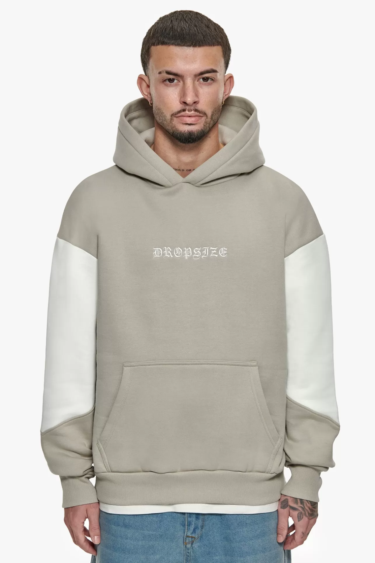 Dropsize HEAVY OVERSIZE SPLIT COLOUR V2 HOODIE STONE* Hoodie