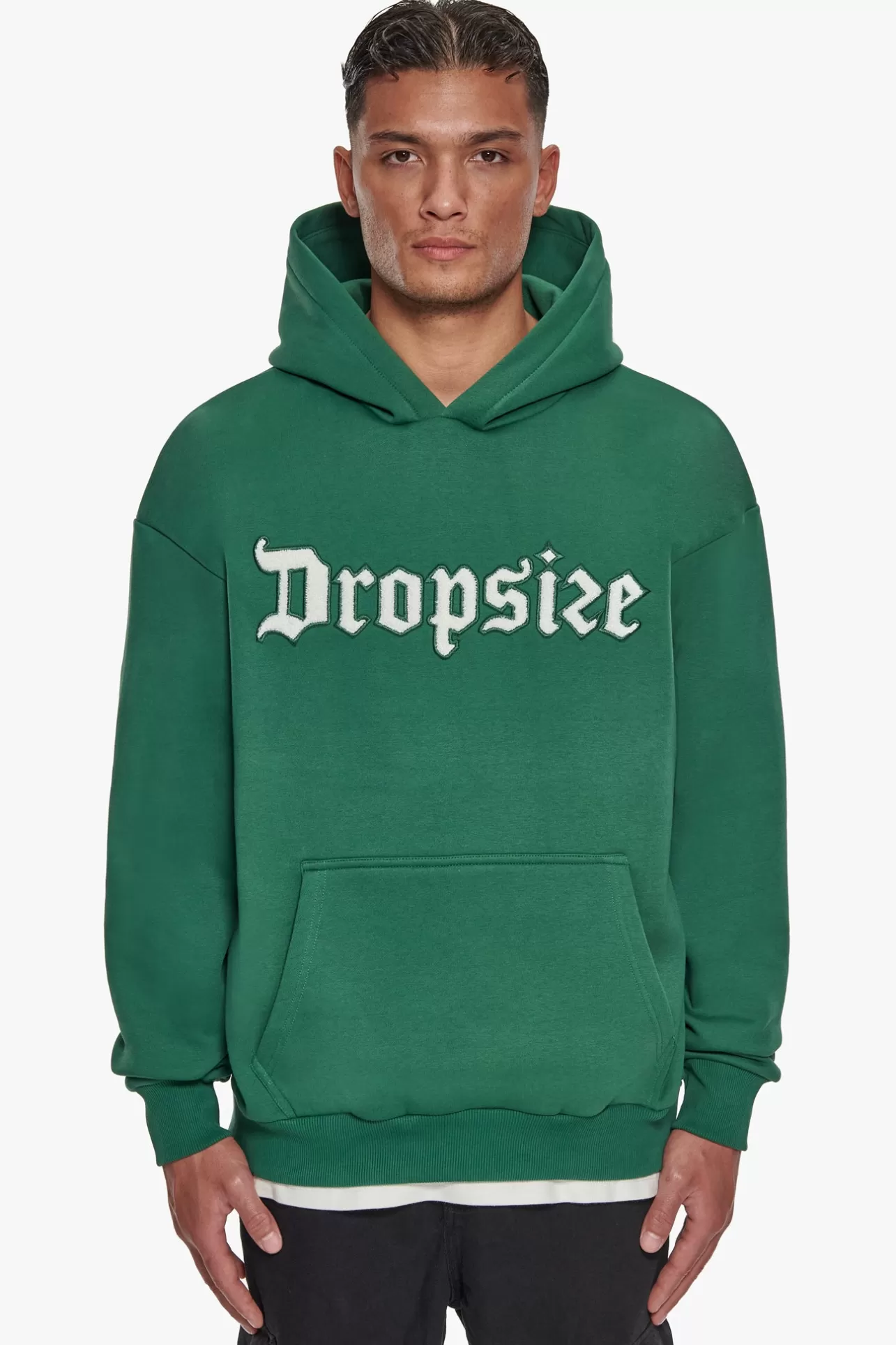 Dropsize HEAVY OVERSIZE TERRY EMBO HOODIE WASHED GREEN / CREAM* Hoodie