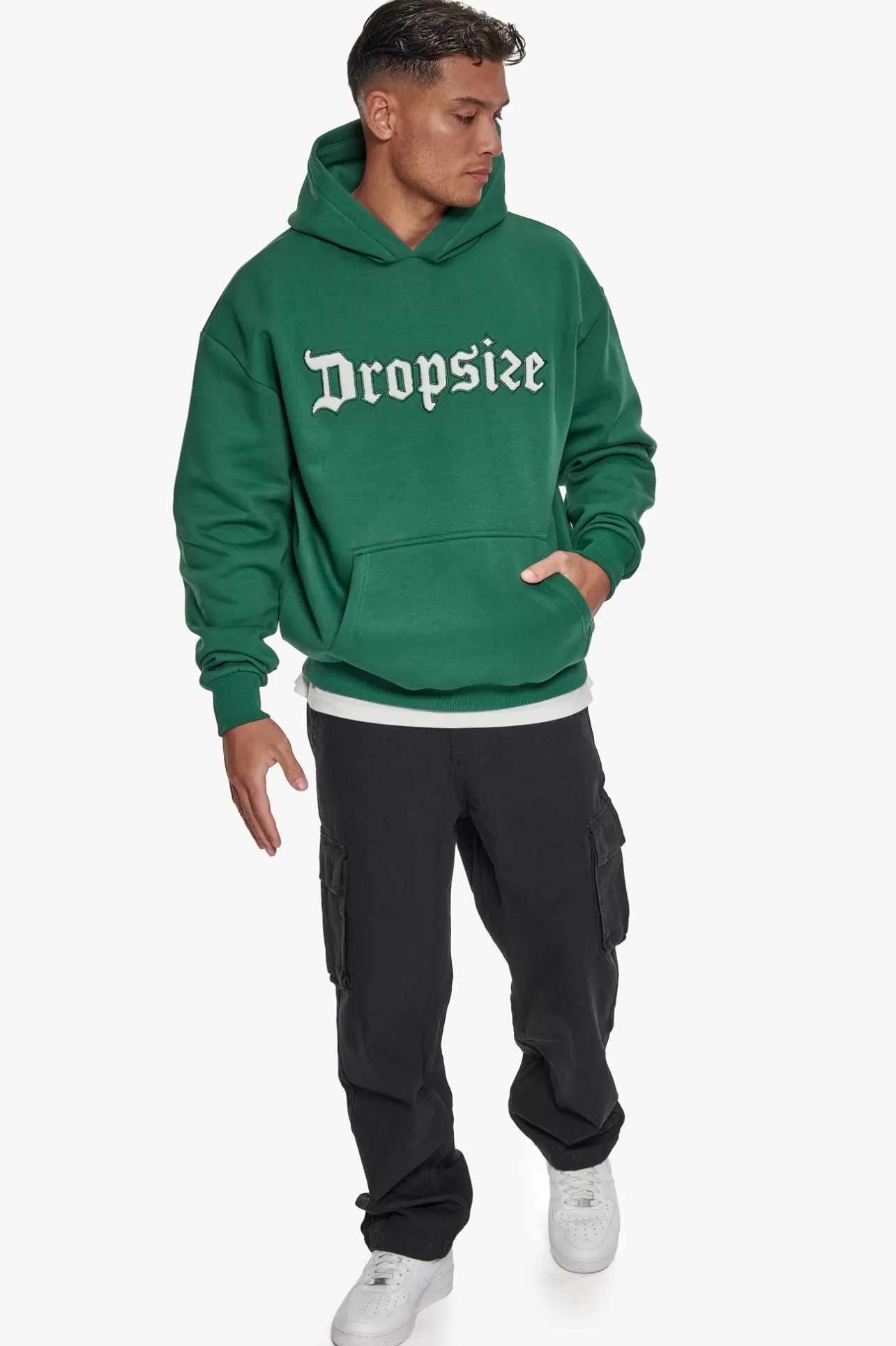 Dropsize HEAVY OVERSIZE TERRY EMBO HOODIE WASHED GREEN / CREAM* Hoodie
