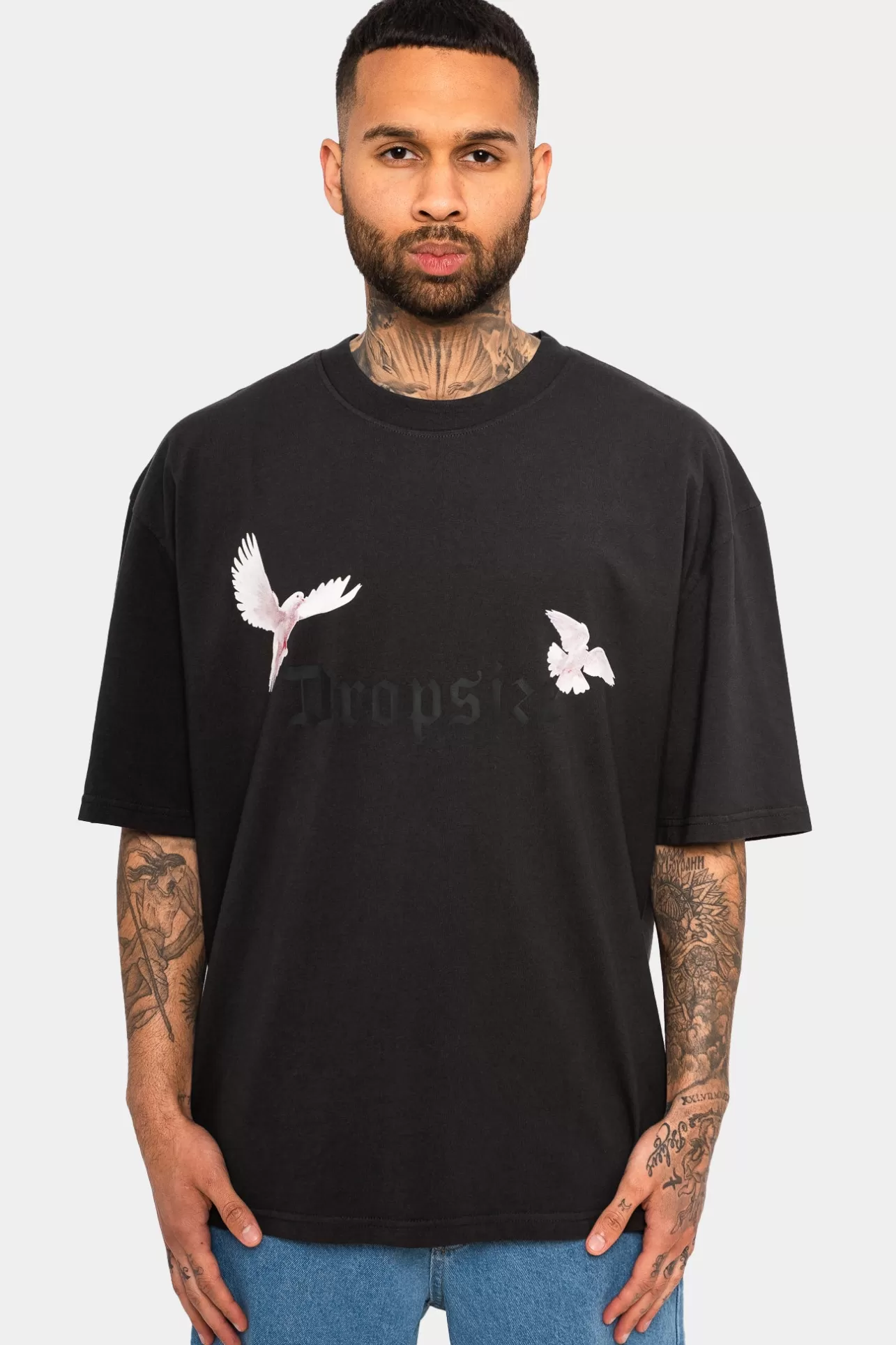 Dropsize HEAVY OVERSIZE WHITE DOVES T-SHIRT WASHED BLACK* T Shirt