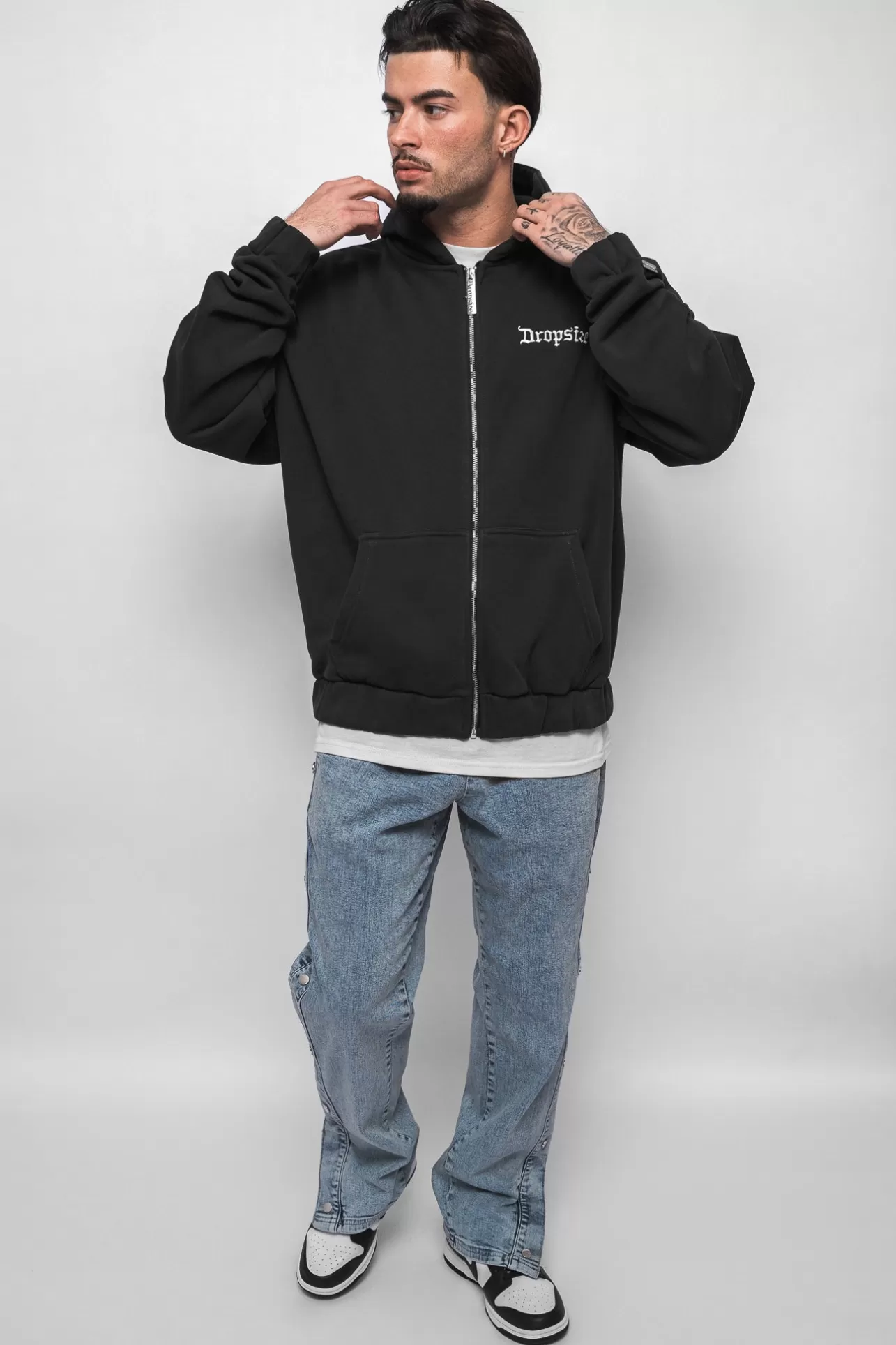 Dropsize SUPER HEAVY OVERSIZE BLANK ZIP HOODIE WASHED BLACK* Zips