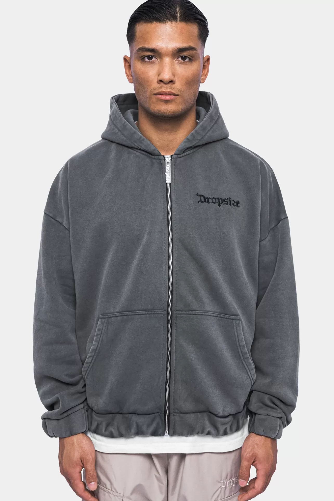 Dropsize SUPER HEAVY OVERSIZE BLANK ZIP HOODIE WASHED GRAY* Zips