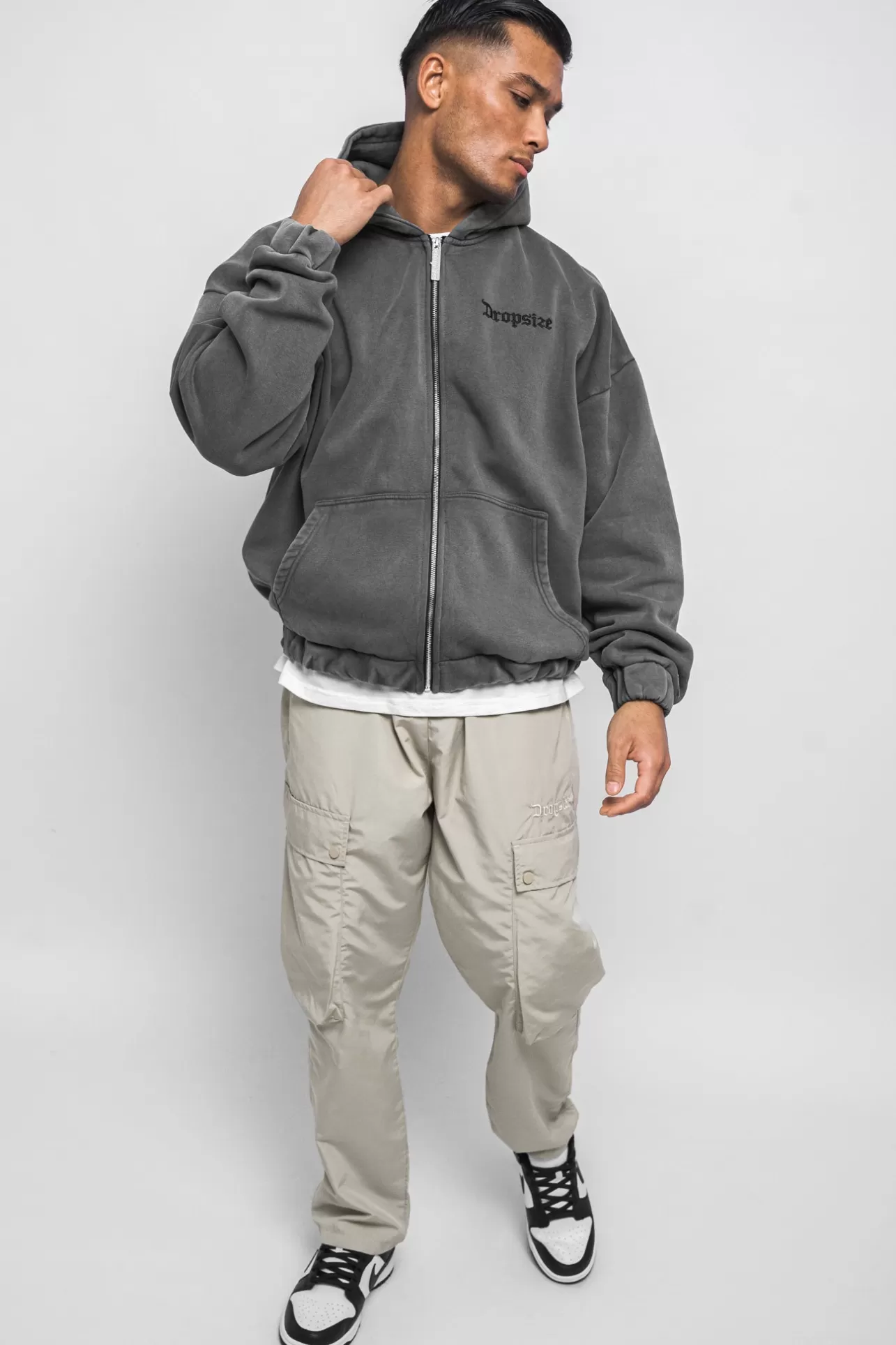 Dropsize SUPER HEAVY OVERSIZE BLANK ZIP HOODIE WASHED GRAY* Zips