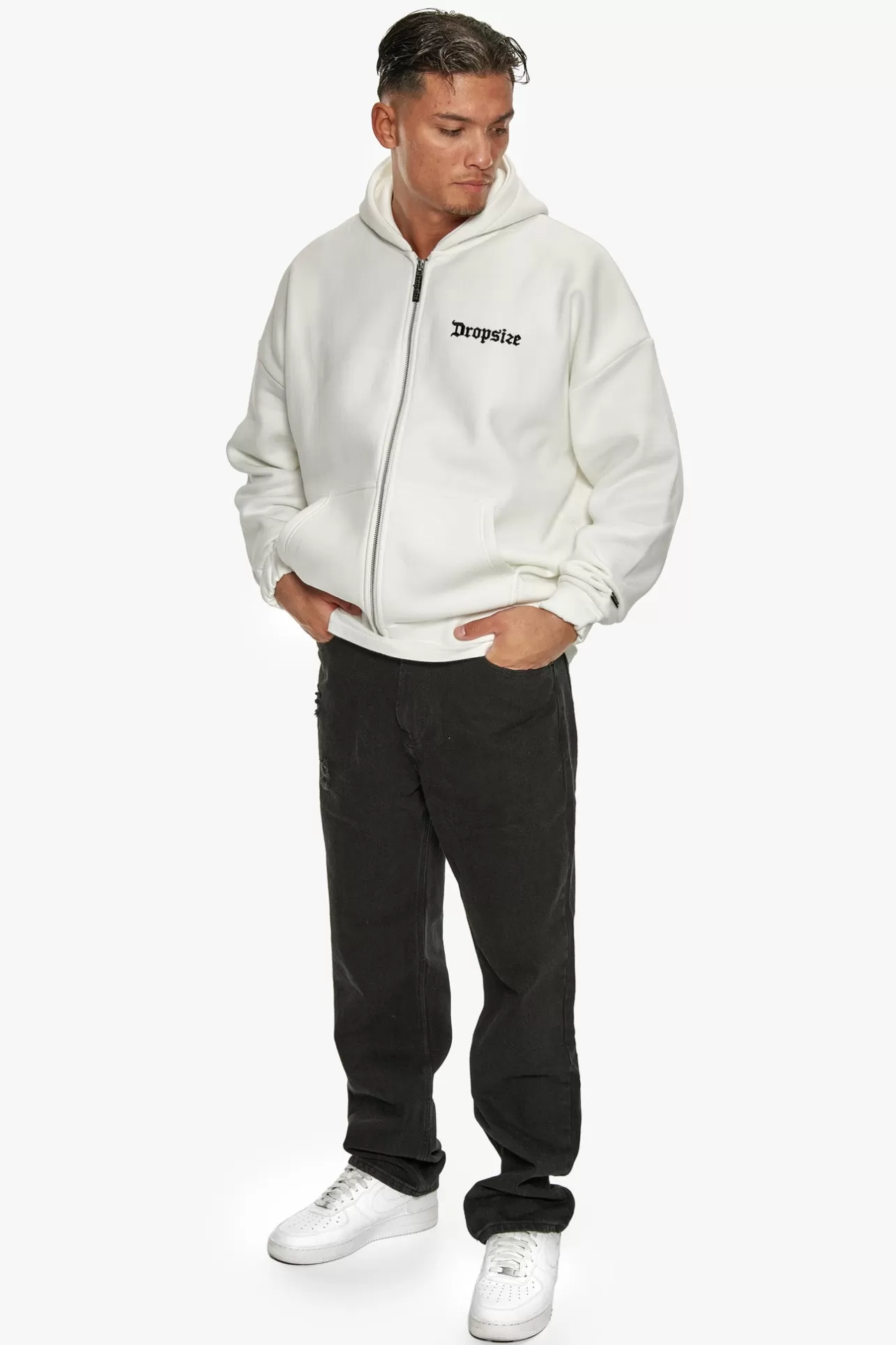 Dropsize SUPER HEAVY OVERSIZE BLANK ZIP HOODIE WASHED WHITE* Zips