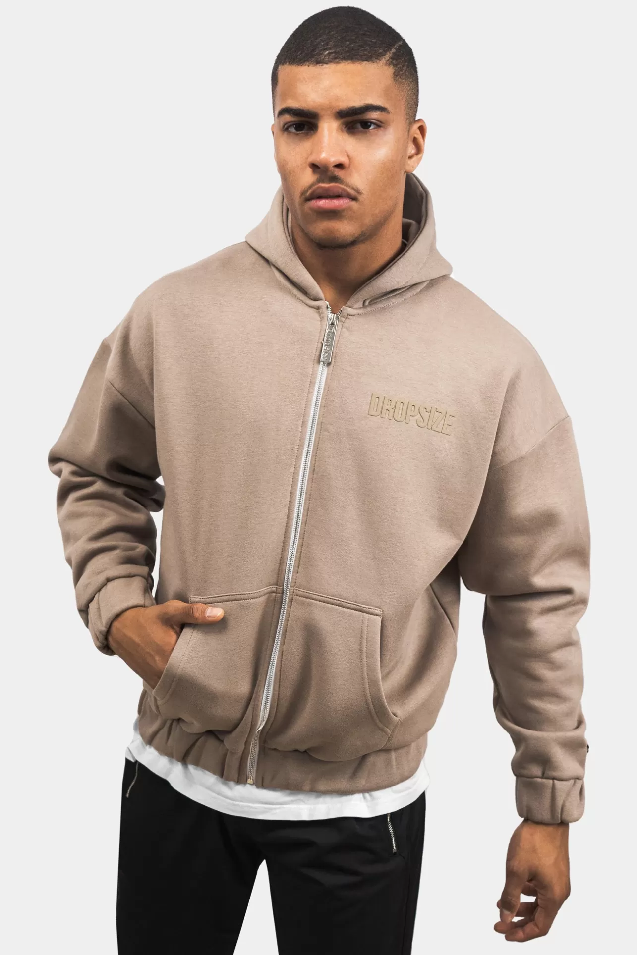 Dropsize SUPER HEAVY OVERSIZE HD PRINT ZIP HOODIE SILVER MINK* Zips