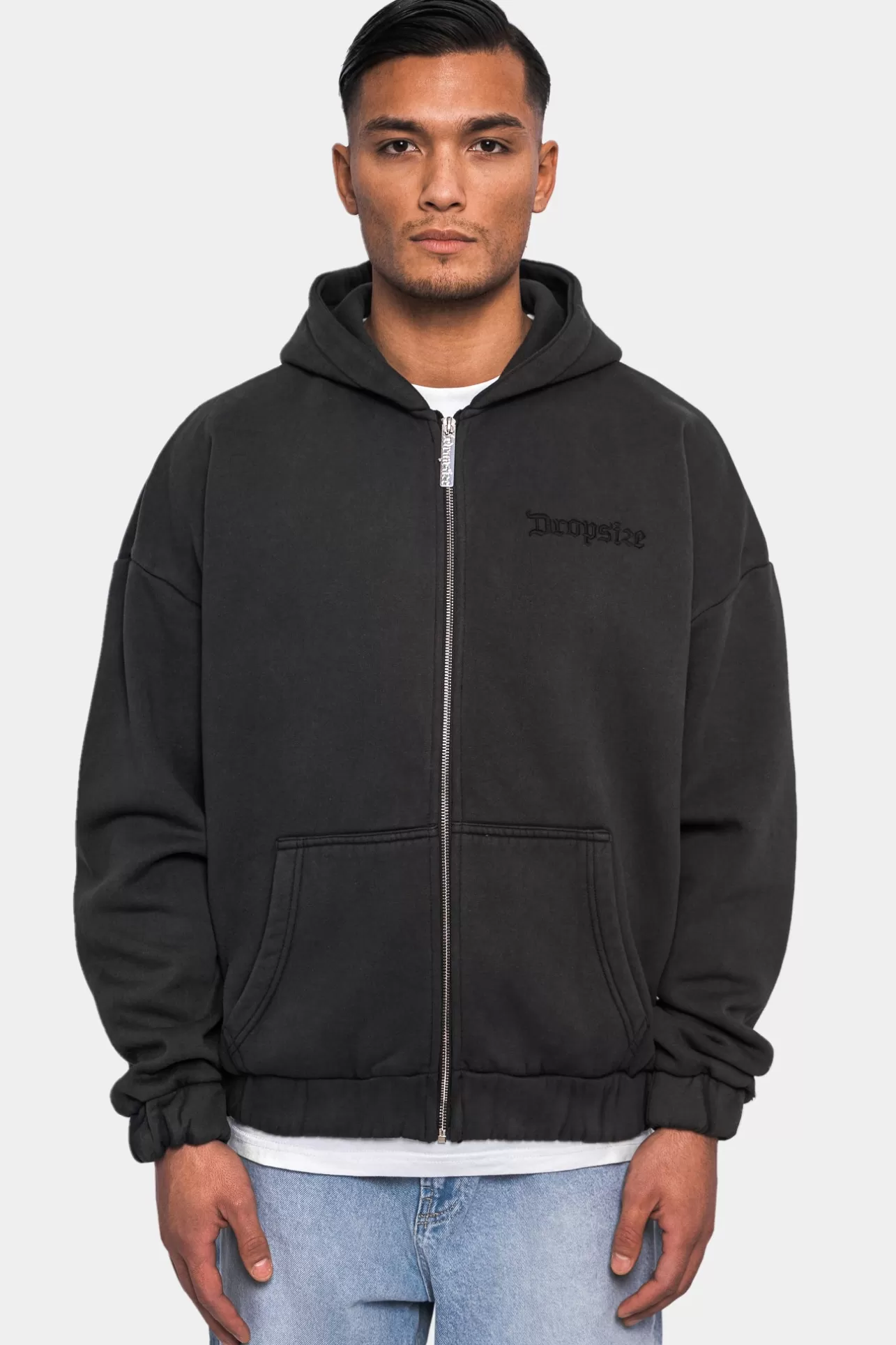 Dropsize SUPER HEAVY OVERSIZE LOGO ZIP HOODIE ACID WASHED BLACK* Zips