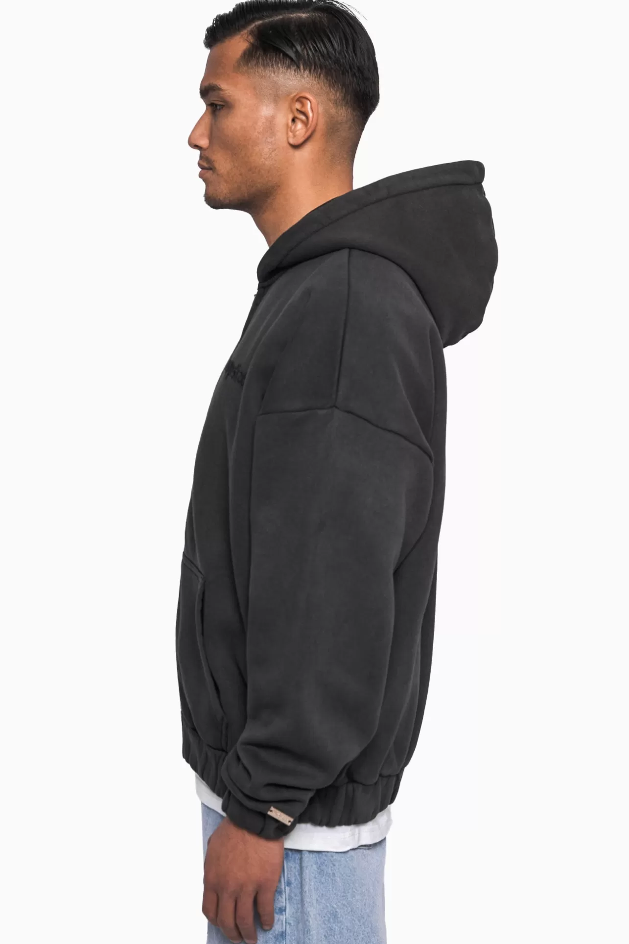 Dropsize SUPER HEAVY OVERSIZE LOGO ZIP HOODIE ACID WASHED BLACK* Zips