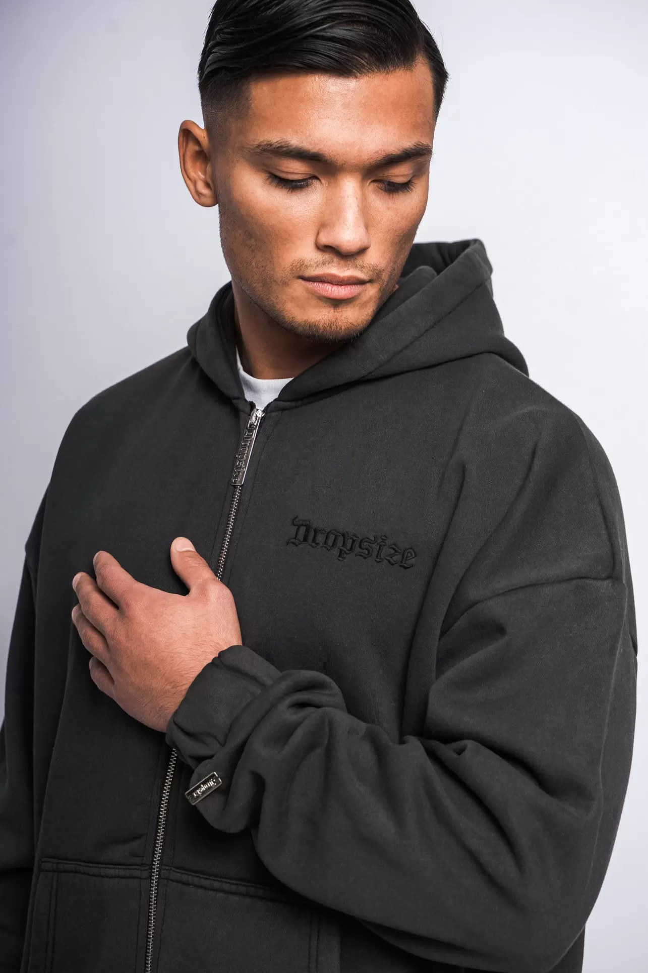 Dropsize SUPER HEAVY OVERSIZE LOGO ZIP HOODIE ACID WASHED BLACK* Zips
