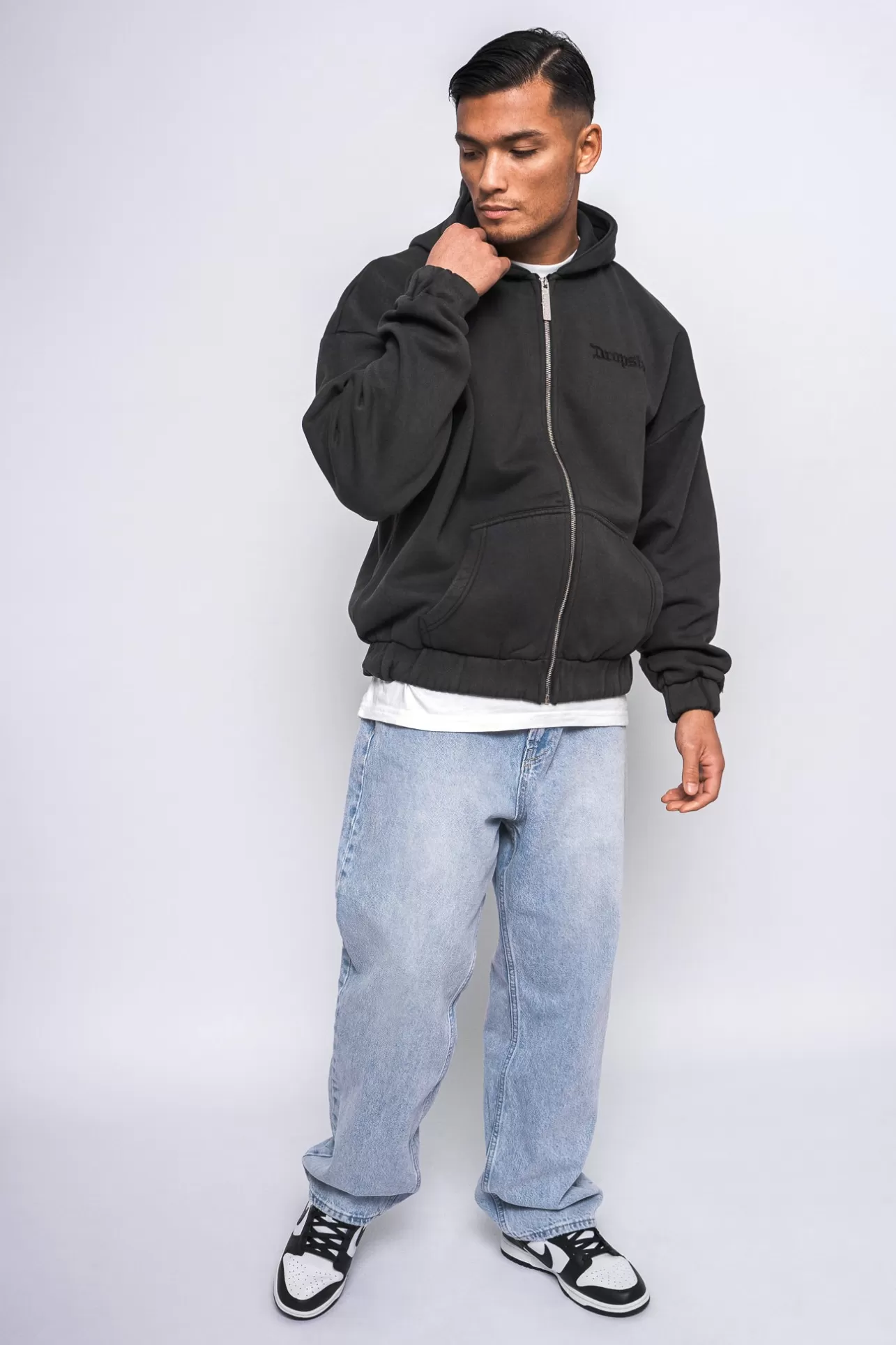 Dropsize SUPER HEAVY OVERSIZE LOGO ZIP HOODIE ACID WASHED BLACK* Zips