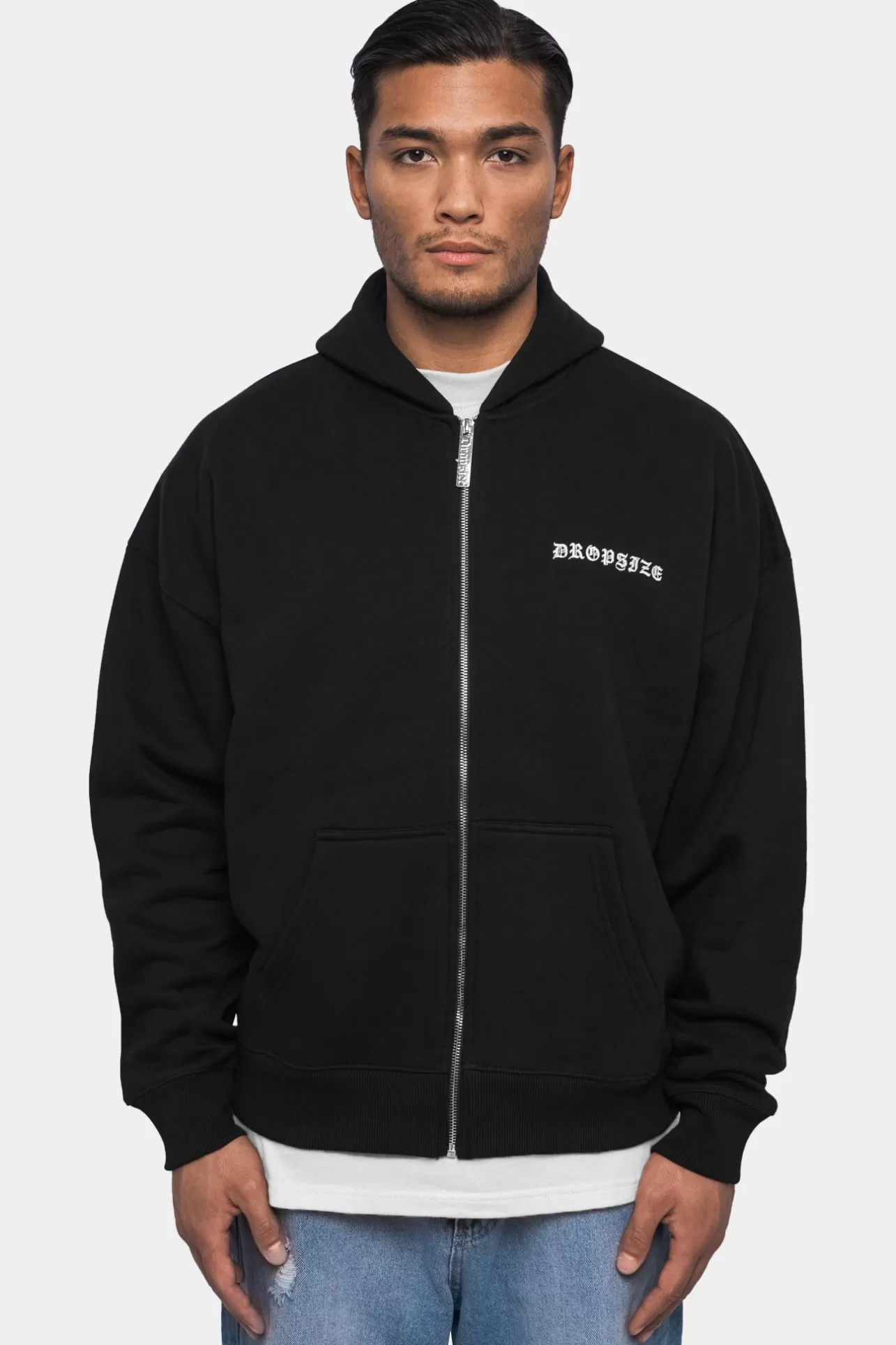 Dropsize SUPER HEAVY OVERSIZE LOGO ZIP HOODIE BLACK* Zips