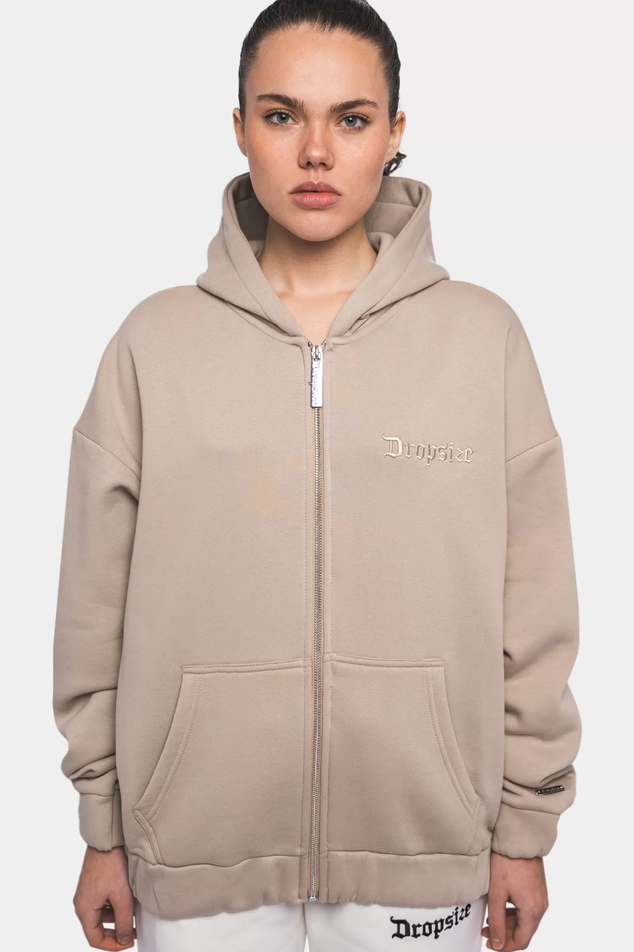 Dropsize SUPER HEAVY OVERSIZE LOGO ZIP HOODIE LIGHT BROWN*Women Women