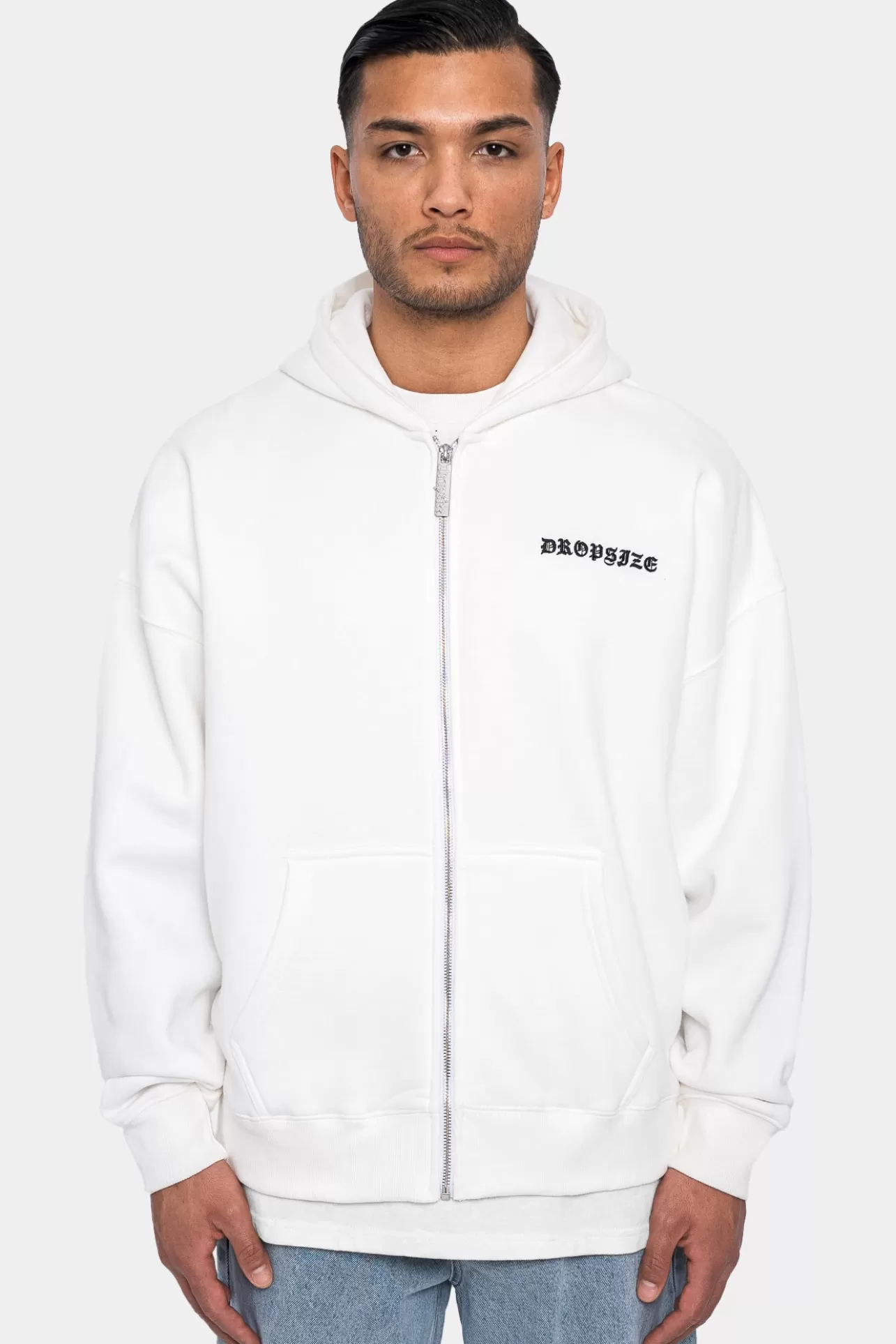Dropsize SUPER HEAVY OVERSIZE LOGO ZIP HOODIE WASHED WHITE* Zips