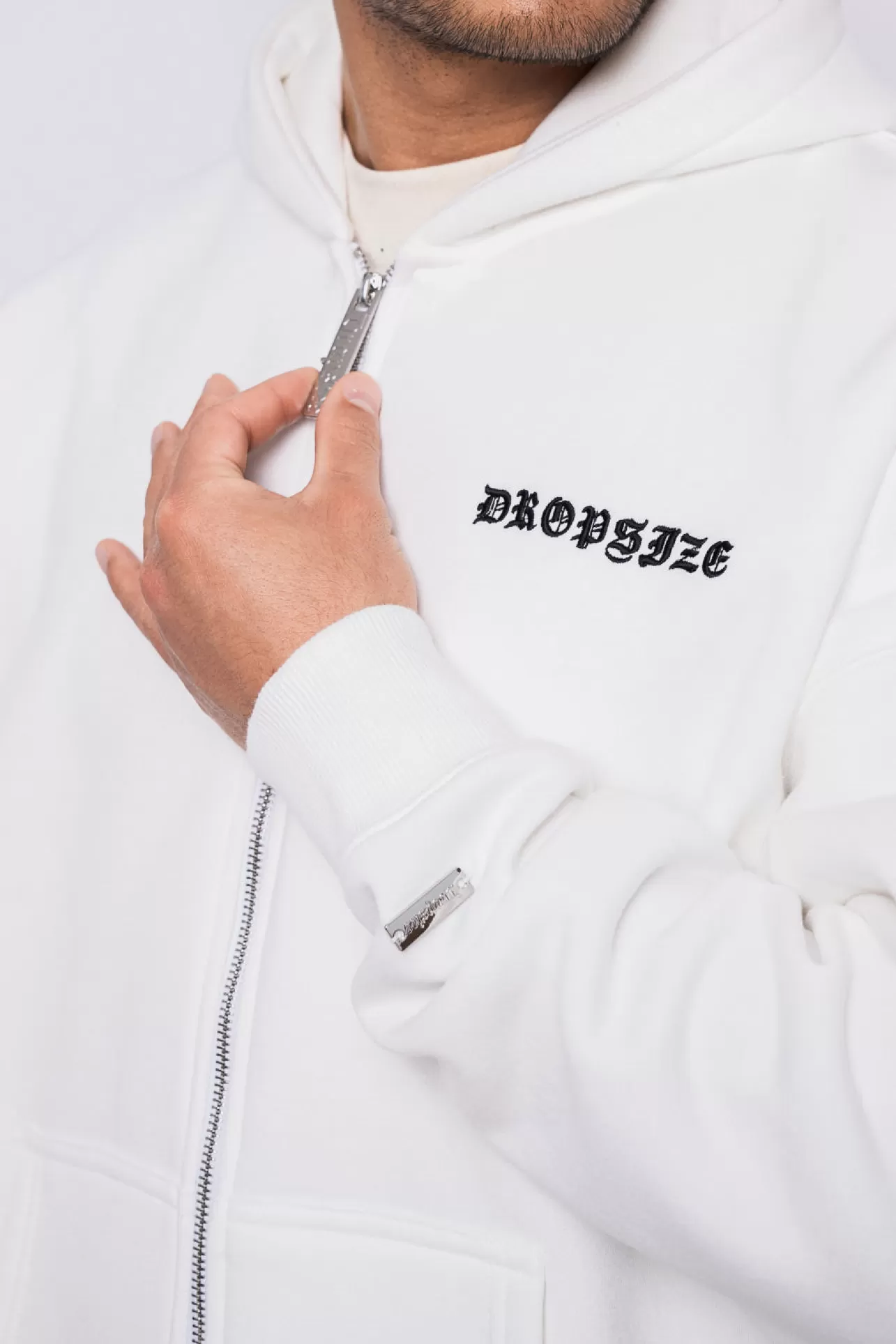 Dropsize SUPER HEAVY OVERSIZE LOGO ZIP HOODIE WASHED WHITE* Zips