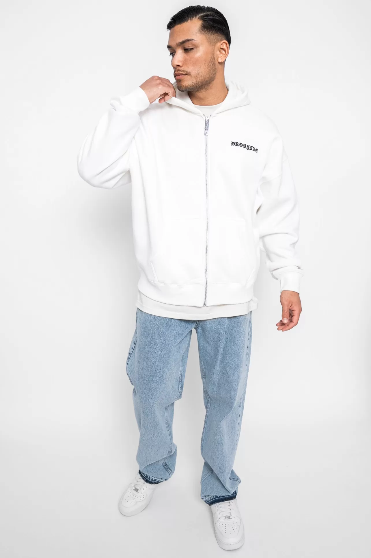 Dropsize SUPER HEAVY OVERSIZE LOGO ZIP HOODIE WASHED WHITE* Zips
