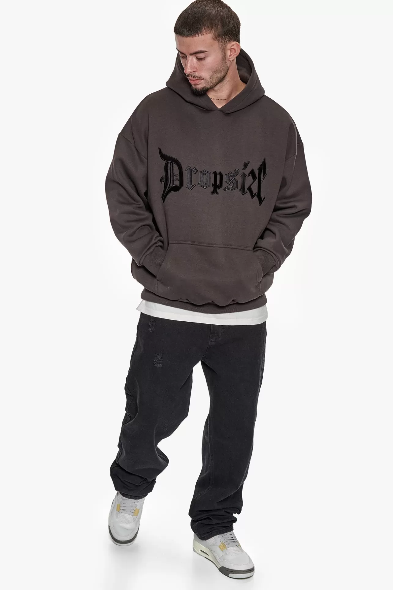 Dropsize SUPER HEAVY OVERSIZE V2 MIDDLE EMBO HOODIE WASHED BLACK / BLACK* Hoodie