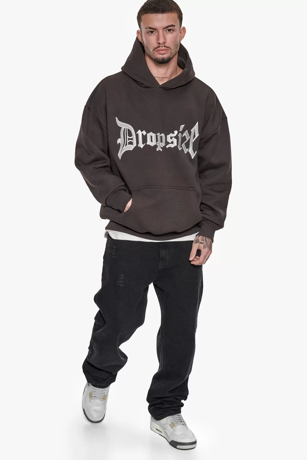 Dropsize SUPER HEAVY OVERSIZE V2 MIDDLE EMBO HOODIE WASHED BLACK / WHITE* Hoodie
